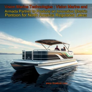 Artistic representation for Vision Marine Technologies : Vision Marine and Armada Partner to Produce an Innovative Electric Pontoon for North America Regulated Lakes
