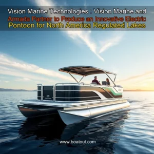 Artistic representation for Vision Marine Technologies : Vision Marine and Armada Partner to Produce an Innovative Electric Pontoon for North America Regulated Lakes