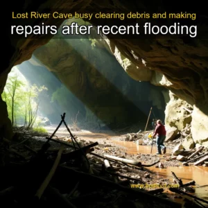 Artistic representation for Lost River Cave busy clearing debris and making repairs after recent flooding