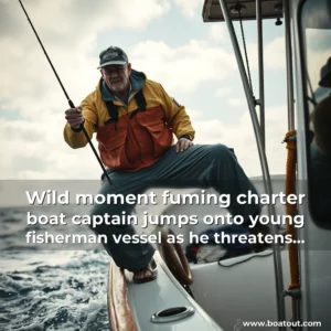Artistic representation for Wild moment fuming charter boat captain jumps onto young fisherman vessel as he threatens to beat him